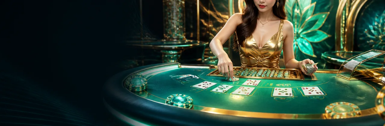 Không gian casino neon với bàn bài và chip ngọc